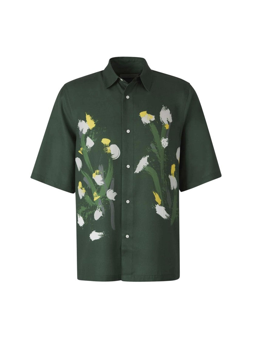 Officine Generale Short-Sleeved Satin Shirt With Watercolor Floral Motif
