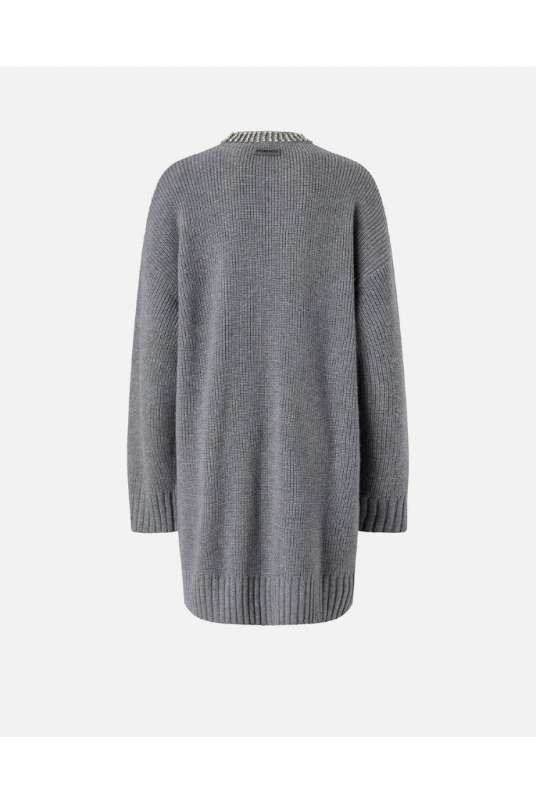 Pinko Grey Rhinestone Crewneck Ribbed Nylon-Viscose Mini Dress