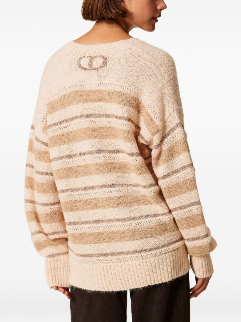 Twin-Set Fuzzy Striped Knit Sweater With V-Neckline