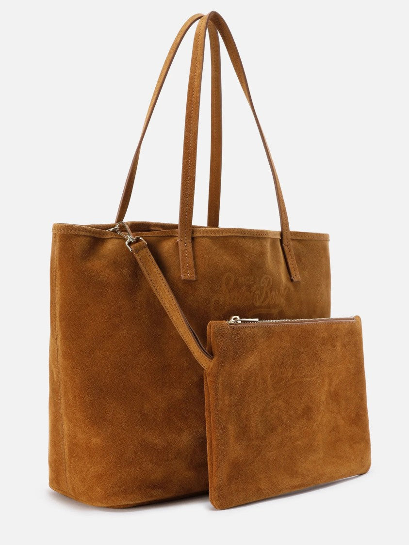 Mc2 Saint Barth Spacious Brown Suede Tote Bag With Embossed Logo
