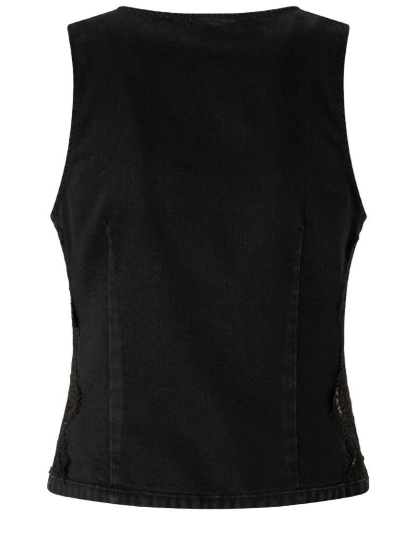 Pinko Black Cotton V-Neck Button Vest
