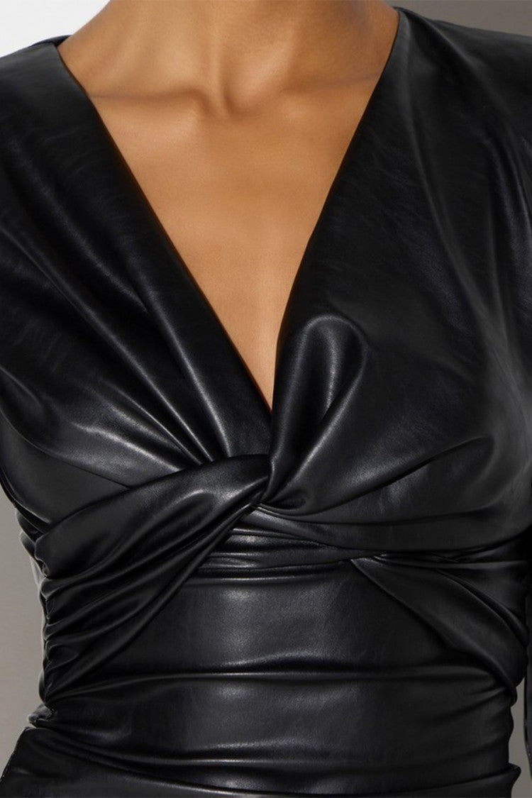 Elisabetta Franchi Black Ruched Twist-Front Faux-Leather Polyester Mini Dress