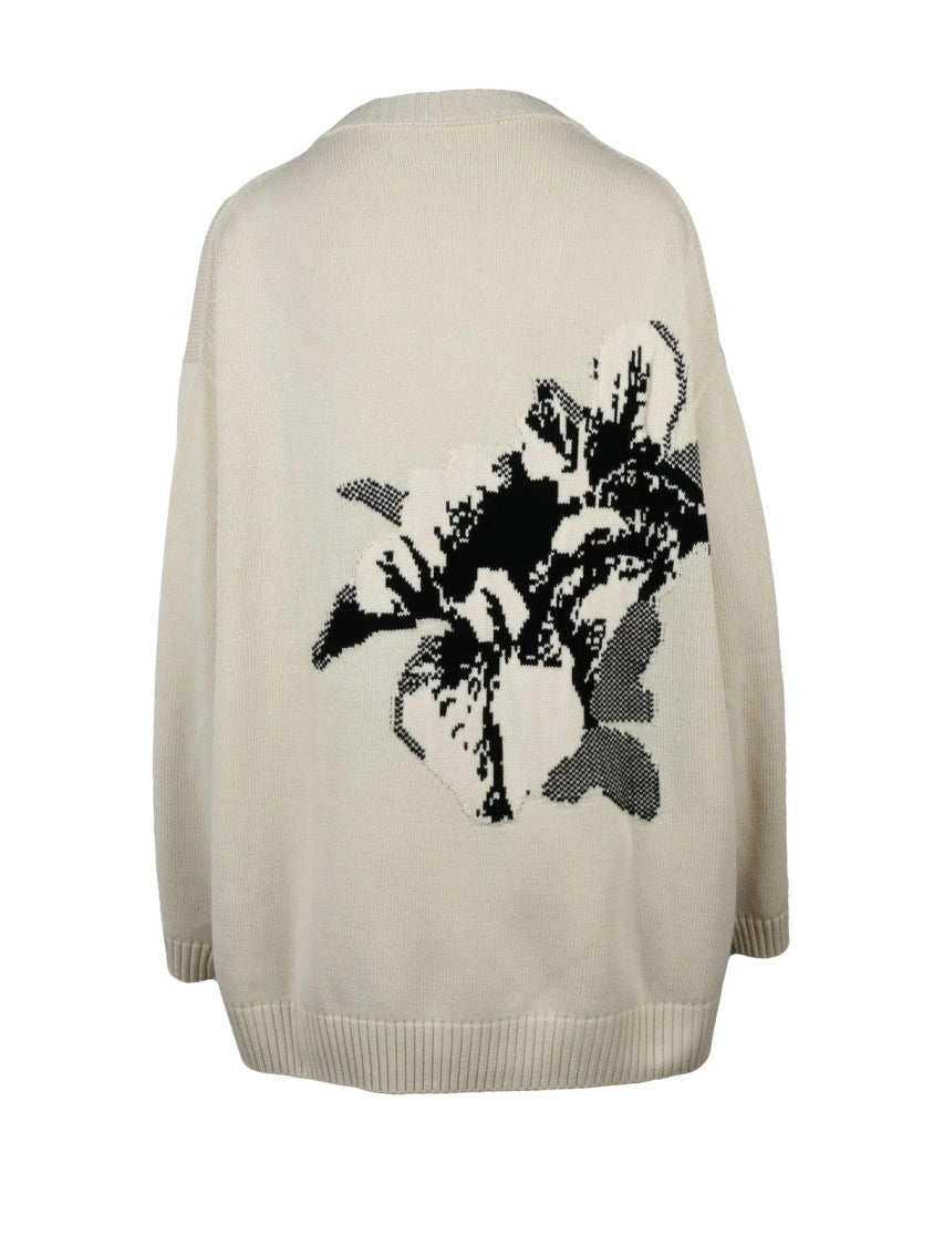 Yohji Yamamoto White Oversized Graphic V-Neck Cotton-Blend Cardigan