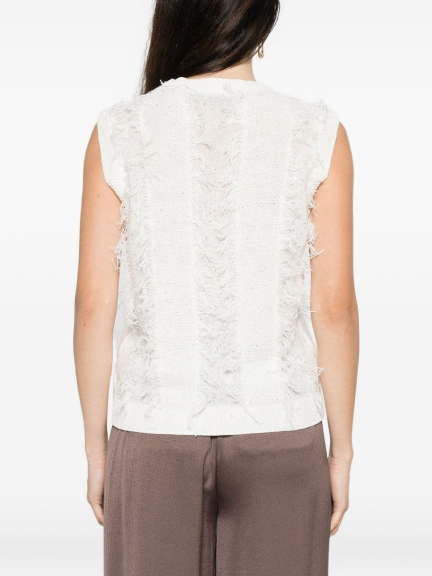Peserico Textured Knit Sleeveless White Sweater With Fringed Stripes