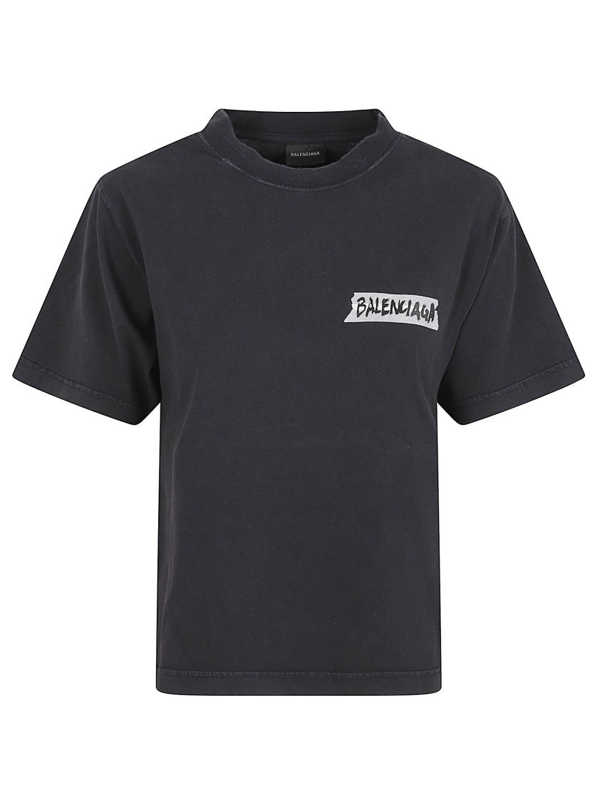 Balenciaga Cropped Short-Sleeved T-Shirt With Bold Brushstroke Logo