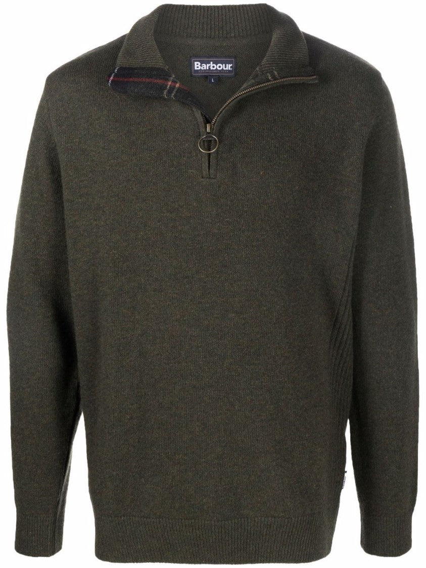 Barbour Khaki-Green Wool Half-Zip Sweater With Ribbed Edges And Elbow Patches