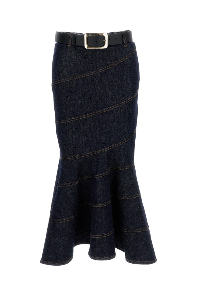 Self-Portrait Indigo Blue Denim Midi Skirt