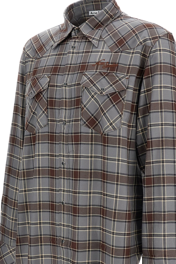 Acne Studios Brown/Grey Plaid Cotton Button-Down Chest Pockets Shirt