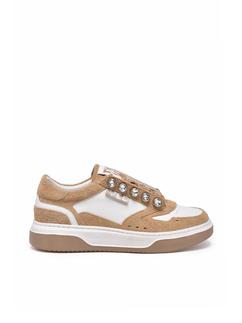 Emanuélle Vee White/Beige Suede Jewel Loop Low-Top Sneakers