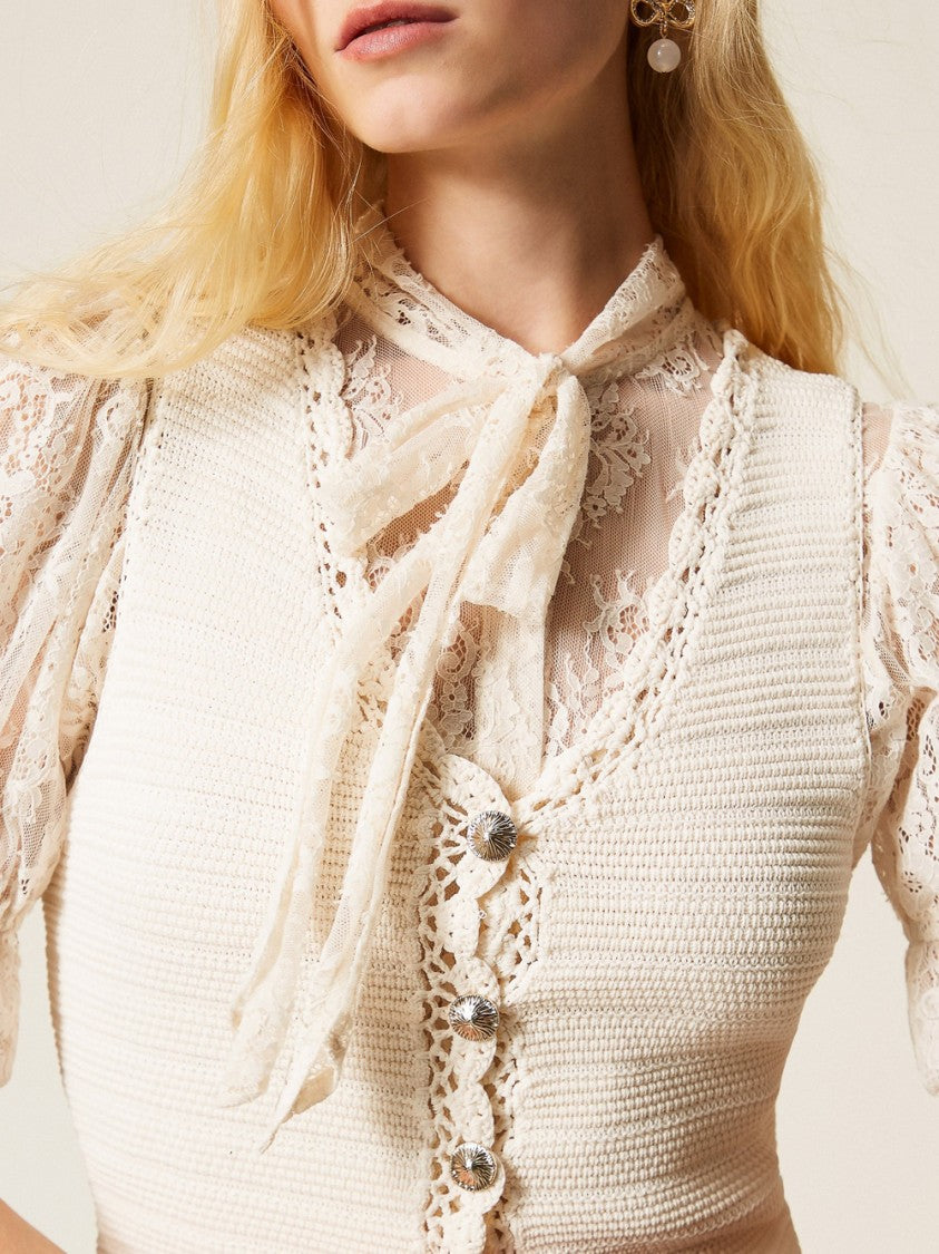 Twin-Set Sleeveless Knit Vest With Crochet Trim