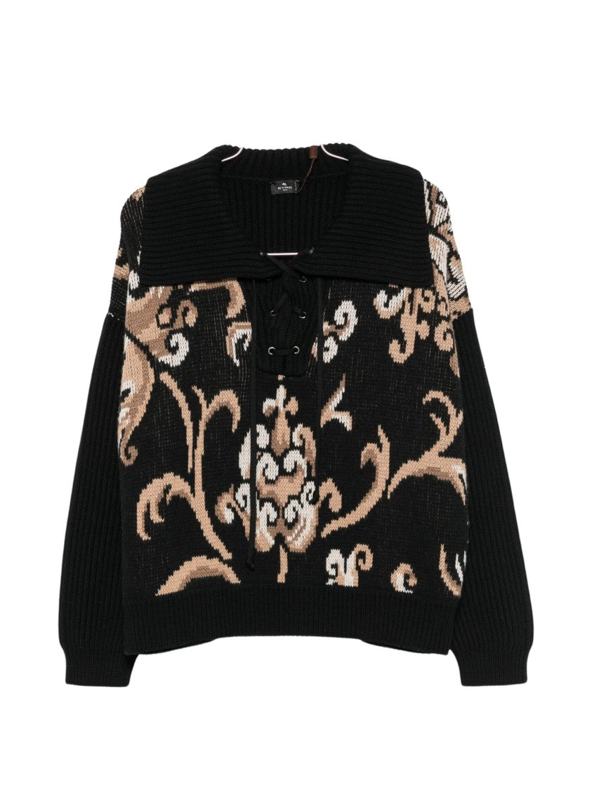 Etro Intarsia Floral Sailor Collar Wool Sweater