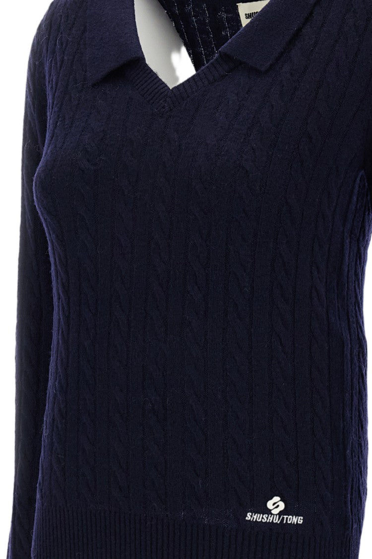 Shushu/Tong Blue V-Neck Chelsea Collar Cable Knit Wool-Lyocell Top