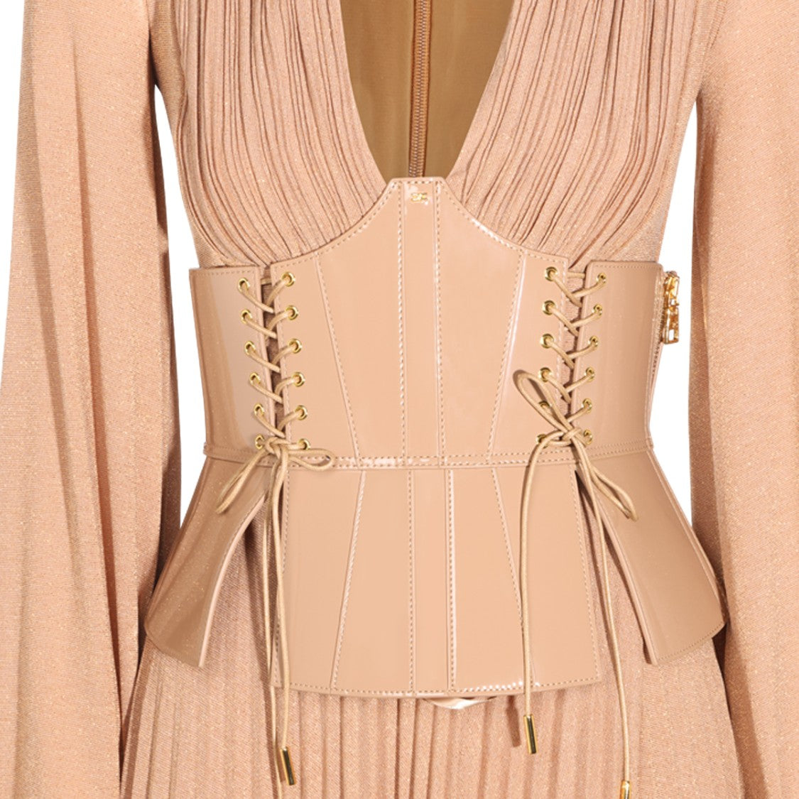 Elisabetta Franchi Corset-Style Belt Pleated Skirt Maxi Dress