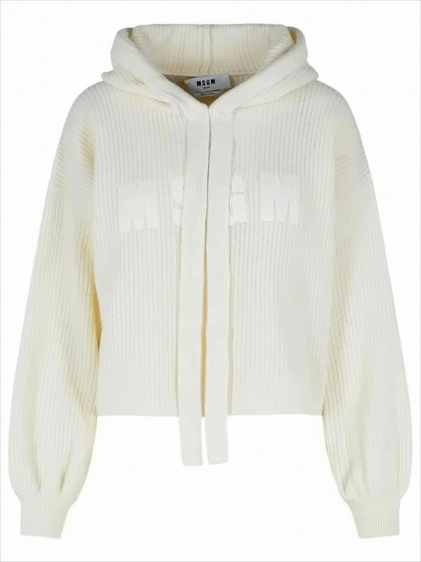 Msgm Cropped Knit Sweater With Hood And Balloon Sleeves