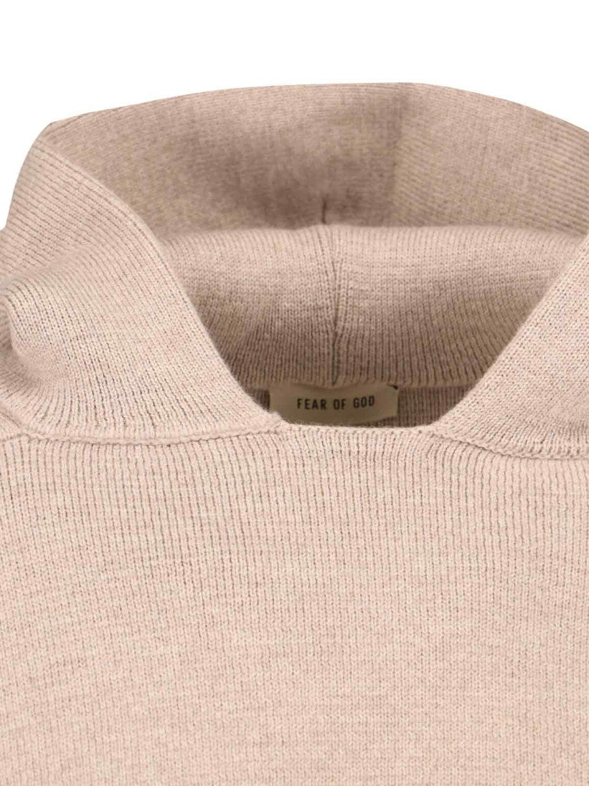 Fear Of God Knitted Hoodie In Beige Wool Engraved Logo Tag