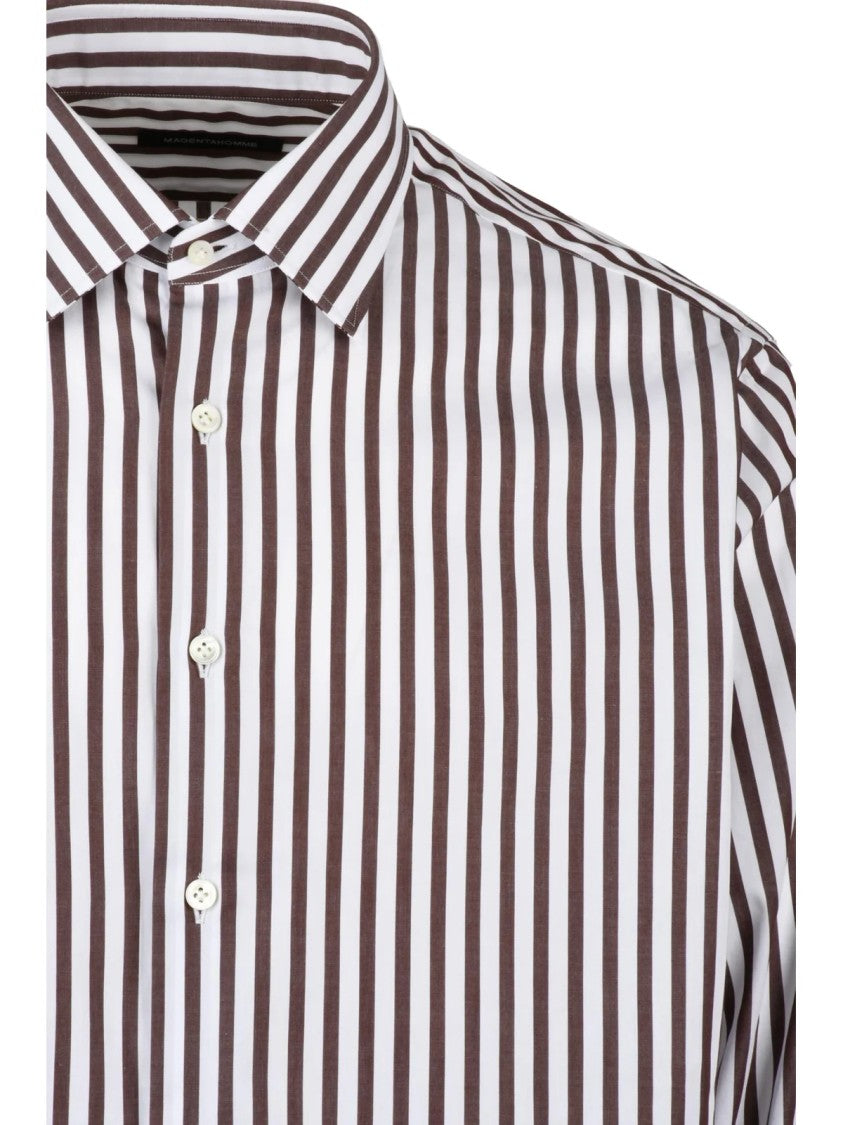 Magenta White Brown Striped Cotton Shirt