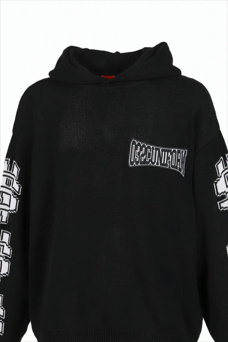 032C Black Hooded Knit Sweater With Graphic Motifs