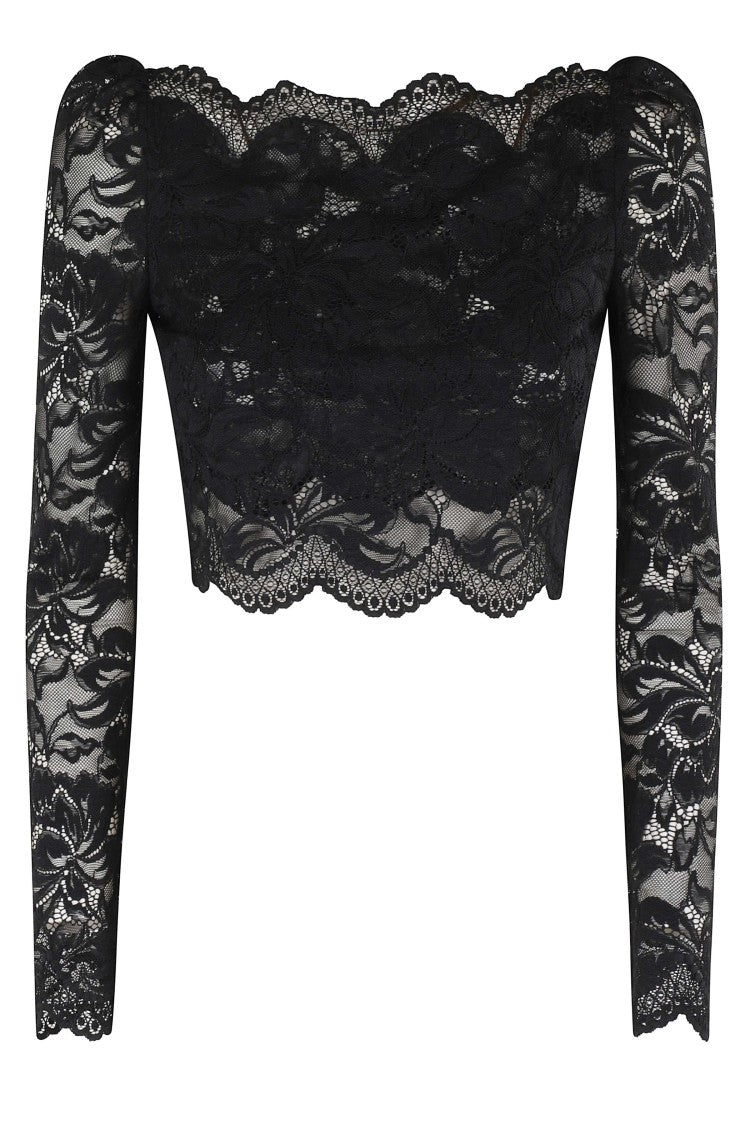 Rabanne Scalloped Boat Neck Transparent Lace Polyamide Long Sleeve Top