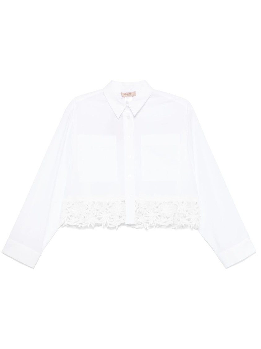 Twin-Set Cropped White Cotton Shirt With Delicate Lace Trim