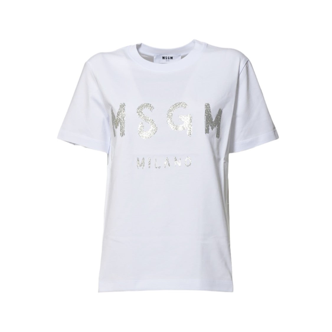 Msgm White Cotton T-Shirt With Glitter Brush Logo Print