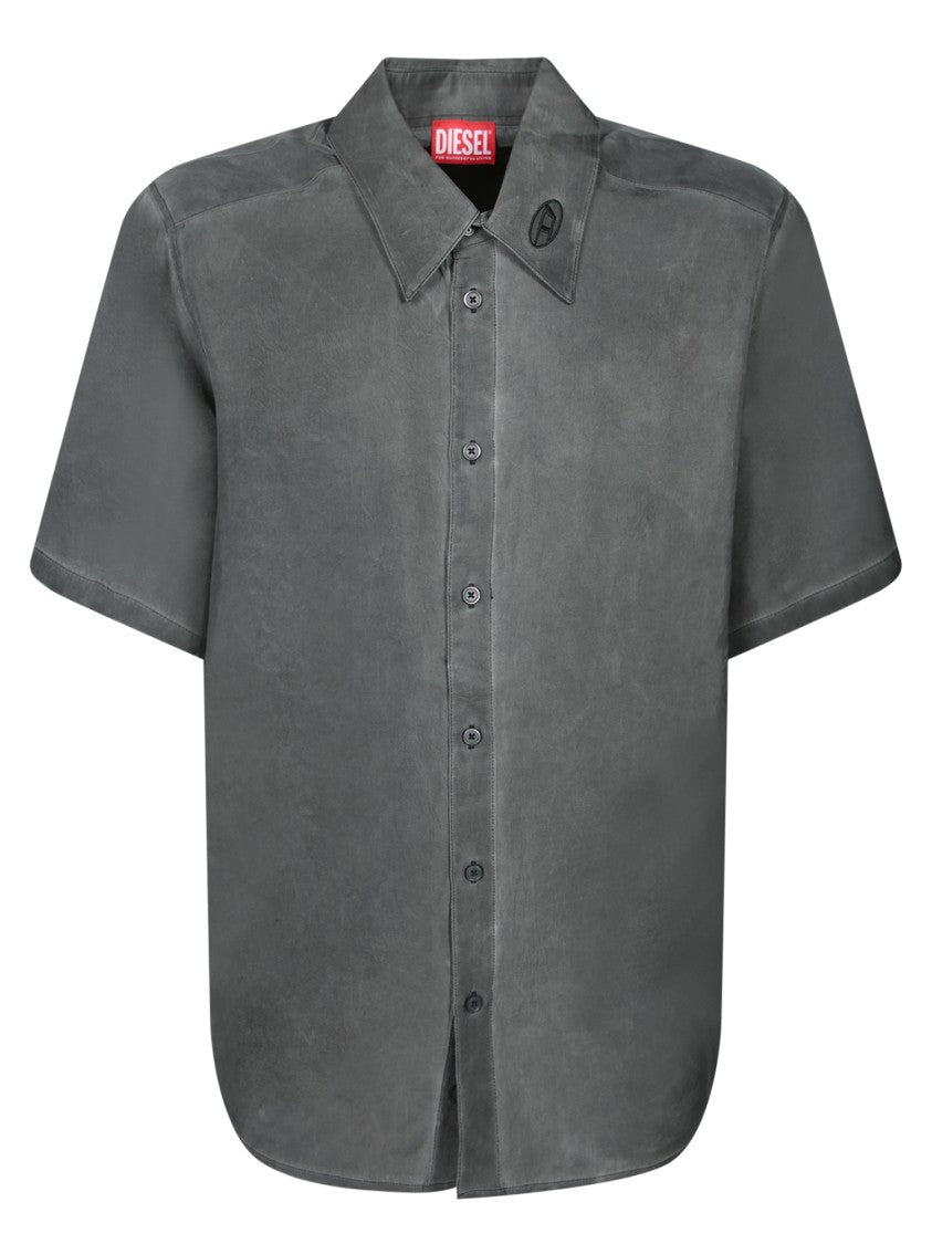 Diesel Marbled Grey Twill Shirt With Classic Collar And Short Sleeves