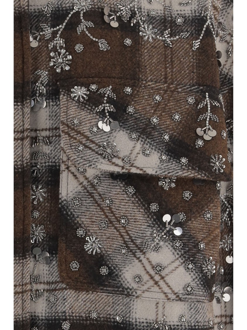Novelle Floral Embroidered Check Pattern Shirt Jacket