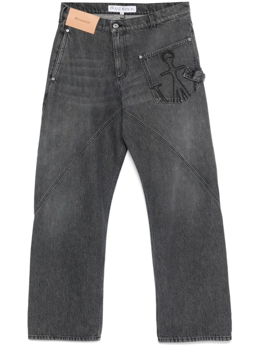 J. W. Anderson Relaxed Fit Grey Jeans With Diagonal Stitching And Embroidered Logo
