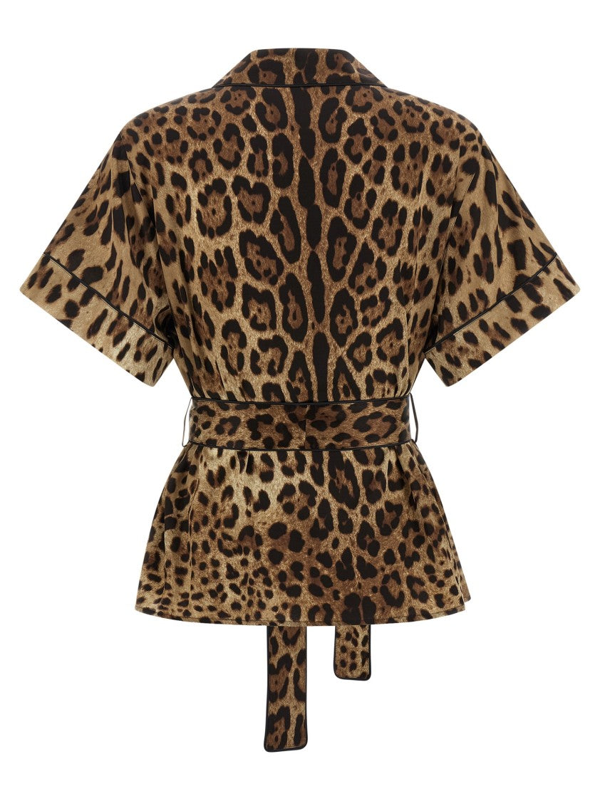 Dolce & Gabbana Silk Leopard Print Shirt With Waist Belt And Black Piping