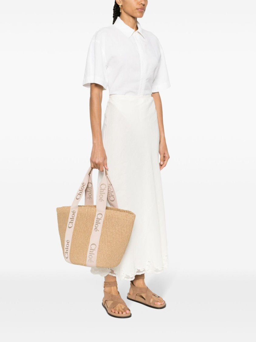 Chloé Woven Logo Print Handles Spacious Fabric Tote Bag