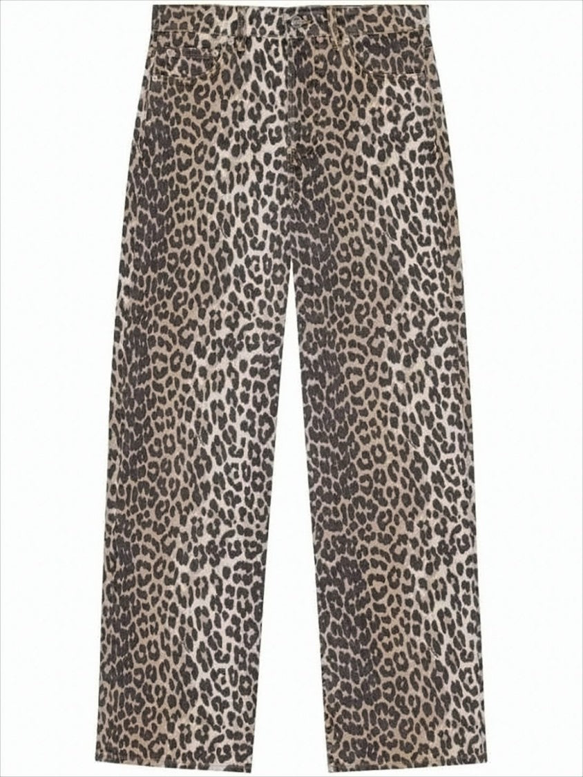 Ganni Wide-Leg Leopard Print Organic Cotton Pants