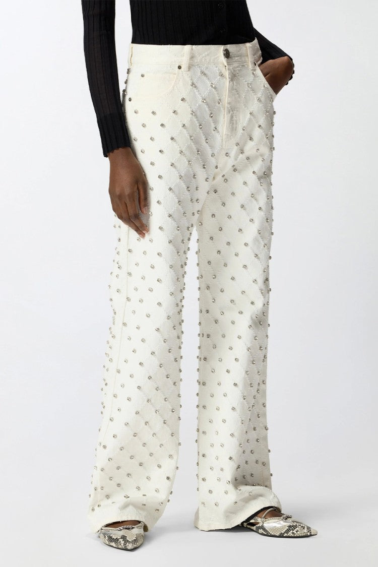 Pinko White Cotton Crystal-Stud Wide-Leg Jeans