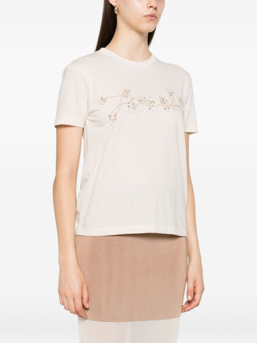 Fendi Beige Mélange Linen-Cotton Blend T-Shirt With Sequins