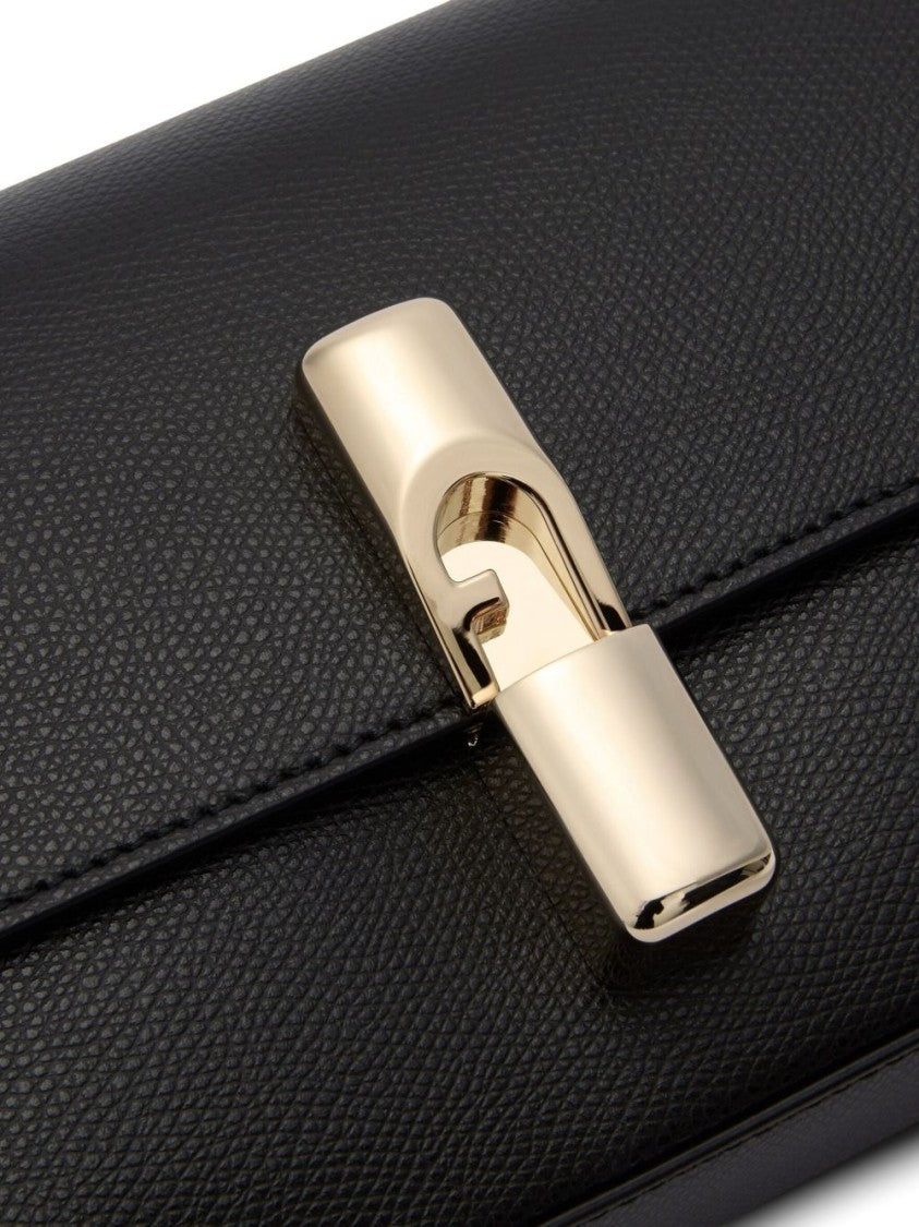 Furla Foldover Black Shoulder Bag With Gold Hardware