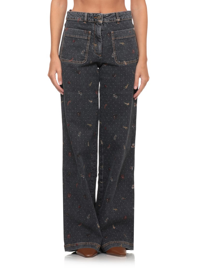 Etro Blue Wide-Leg Patterned Cotton Denim Jeans
