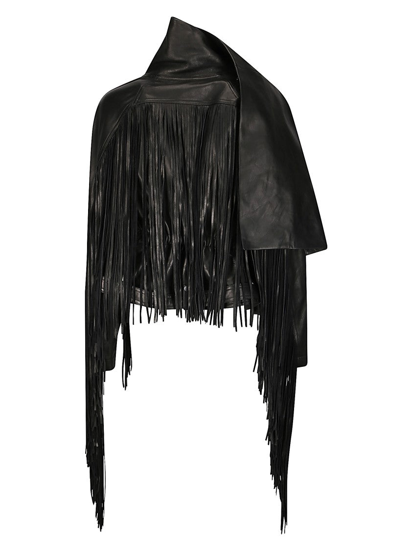 Rick Owens Fringed Leather Biker Jacket With Contrast Zip Closure