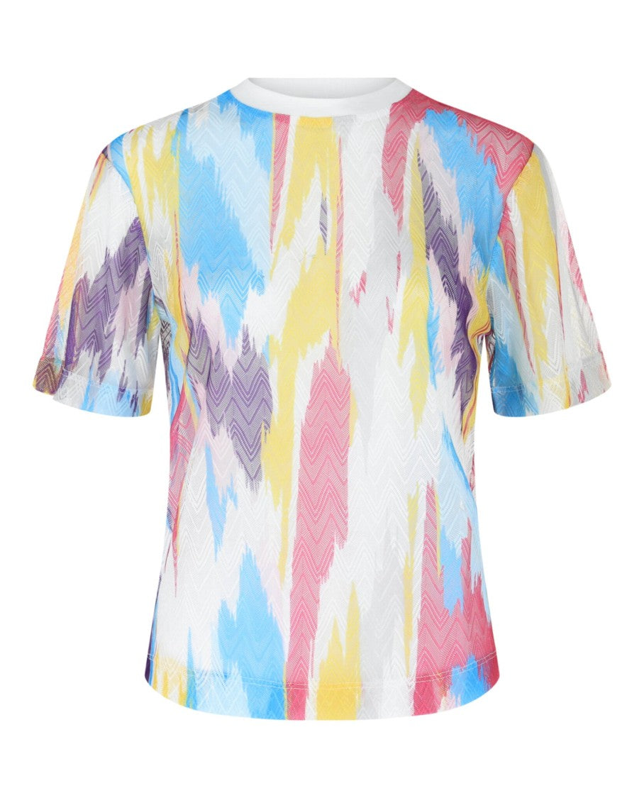 M Missoni Sheer Mesh Crewneck T-Shirt With Pastel Chevron Pattern