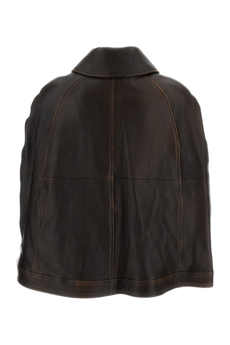 7 For All Mankind Brown Leather Cape With Wide Collar And Two-Way Zip Closure
