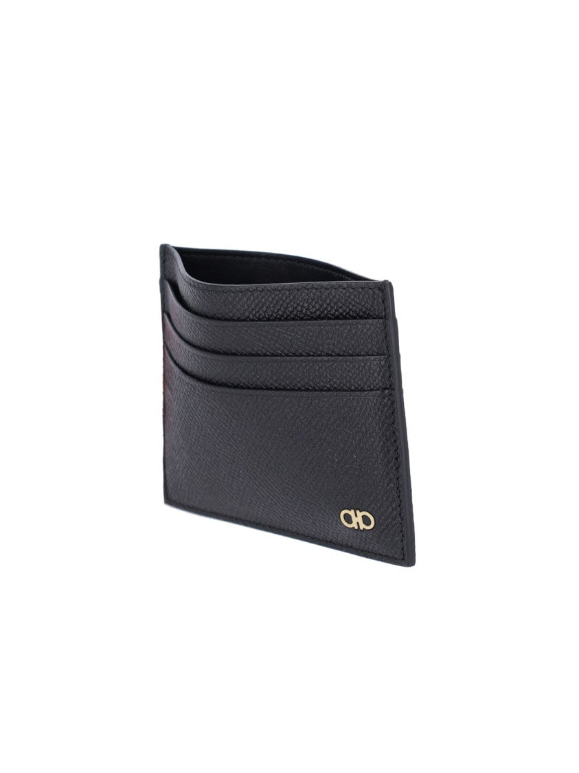 Ferragamo Gancini Card Holder In Black Hammered Calfskin
