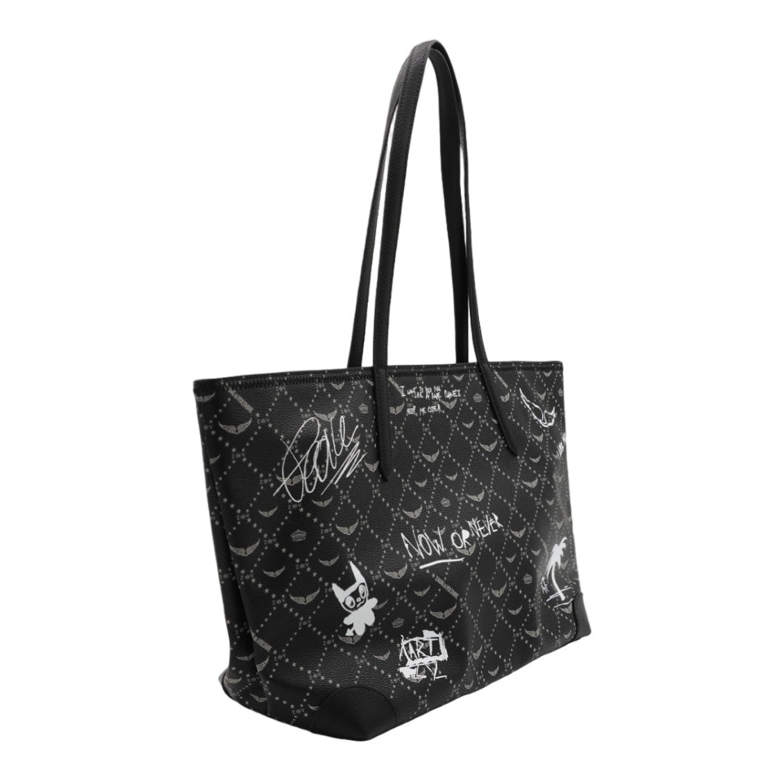 Zadig & Voltaire Large Black Tote Bag With Graffiti Accents And Wing Motifs