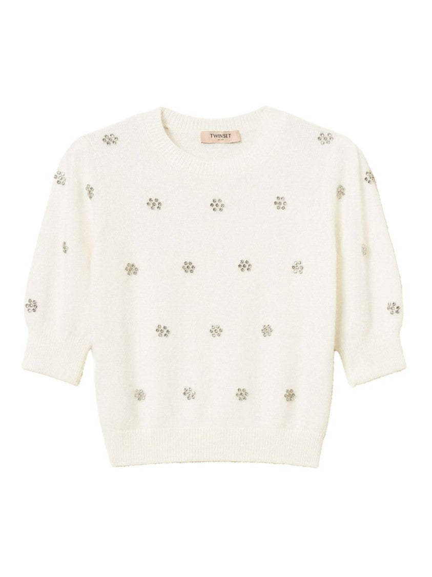 Twin-Set Cropped Knit Sweater With Floral Embellishments
