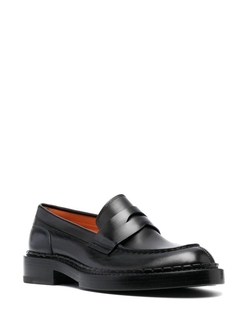 Santoni Sleek Black Leather Loafers With Refined Stitching