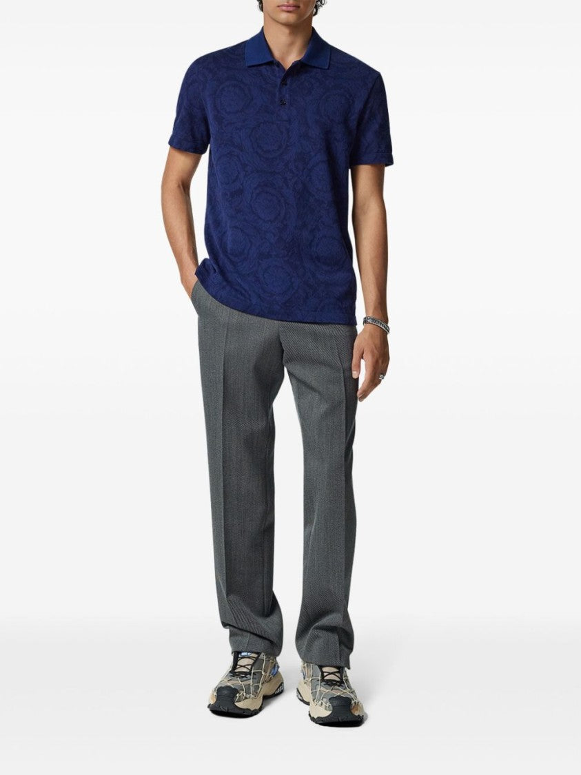 Versace Deep Blue Barocco Print Piqué Polo