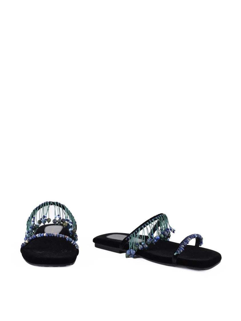 Dries Van Noten Beaded Black Velvet Flat Mules