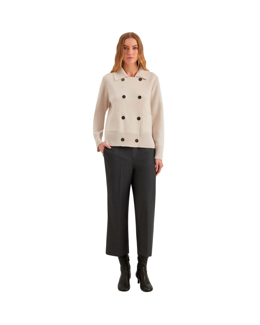 Alpha Studio Double-Breasted Wool Knit Jacket With Ribbed Edges