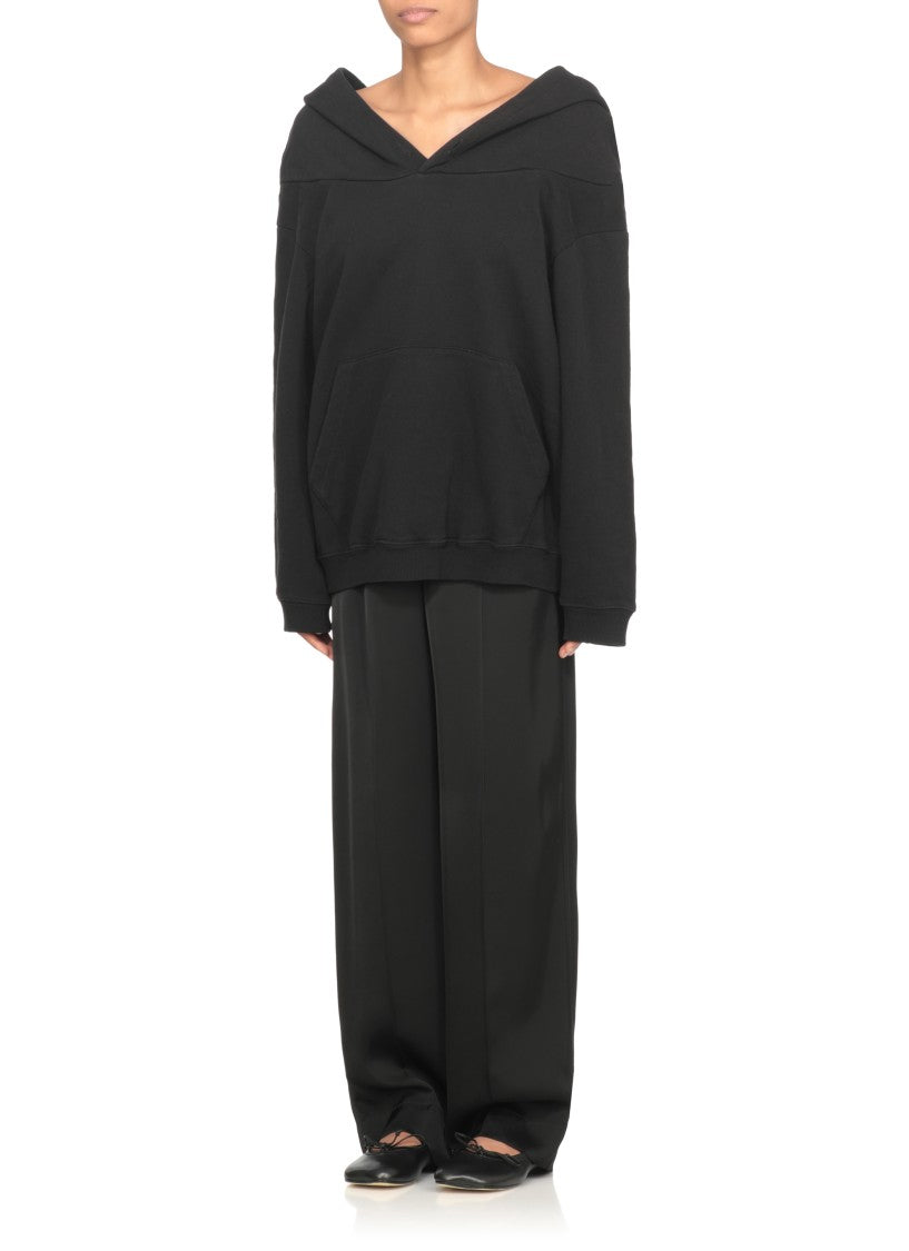 Mm6 By Maison Margiela Off-Shoulder Black Cotton Hoodie With Front Kangaroo Pocket