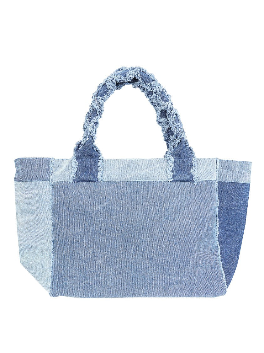 Ganni Patchwork Denim Frayed Edges Tote Bag