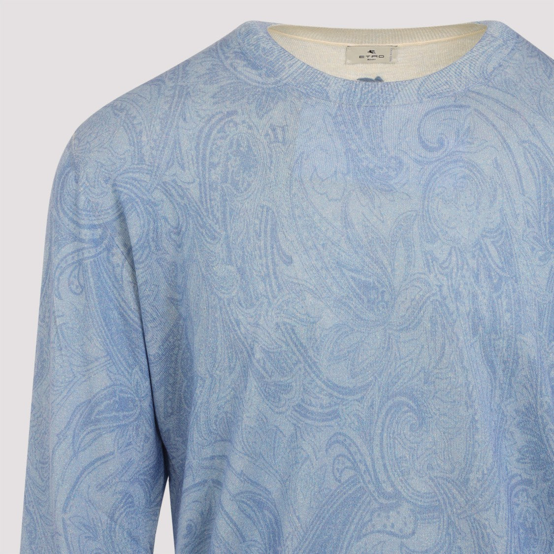 Etro Knitted C-Neck Pale Blue Silk And Cashmere Pullover