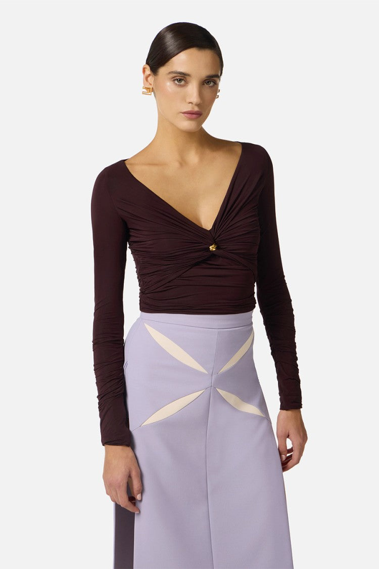 Elisabetta Franchi Brown V-Neck Ruched Wrap Ring Hardware Viscose-Blend Tank Top
