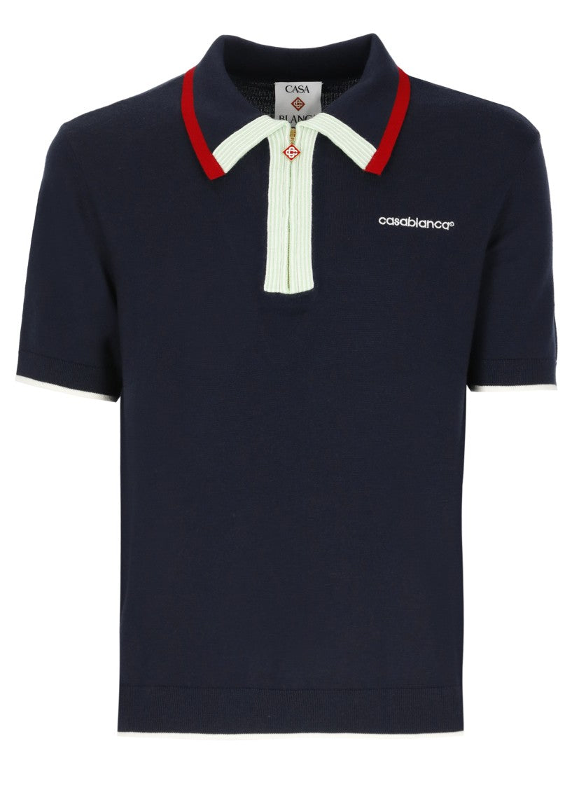 Casablanca Blue Merino Embroidered Polo Shirt