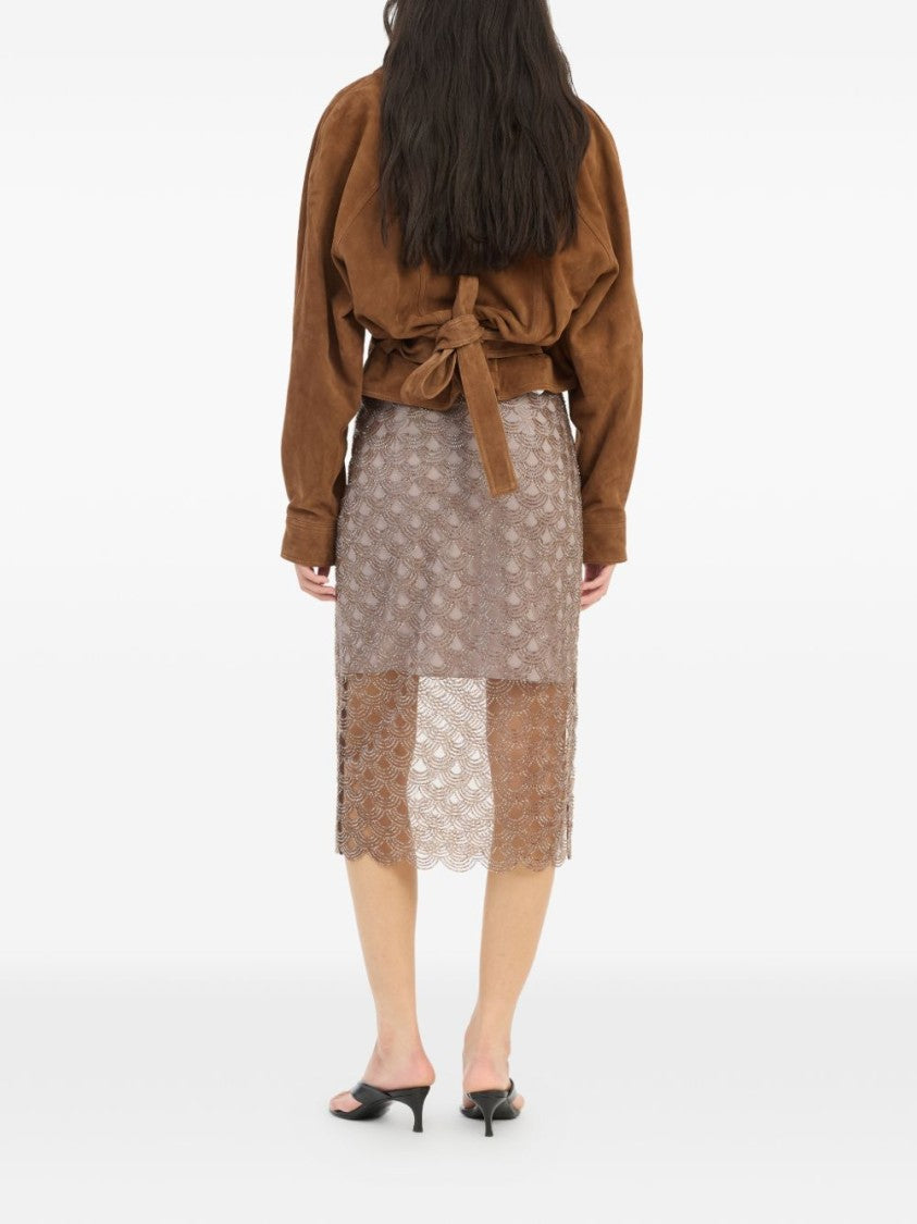 Rotate Taupe Sequined Midi Skirt With Scallop Trim
